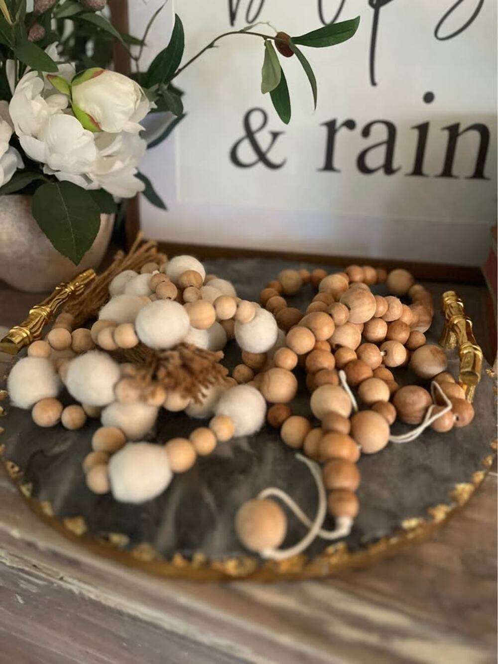 Wooden Felt Bead Decorative Garlands String Natural Farmhouse French Country